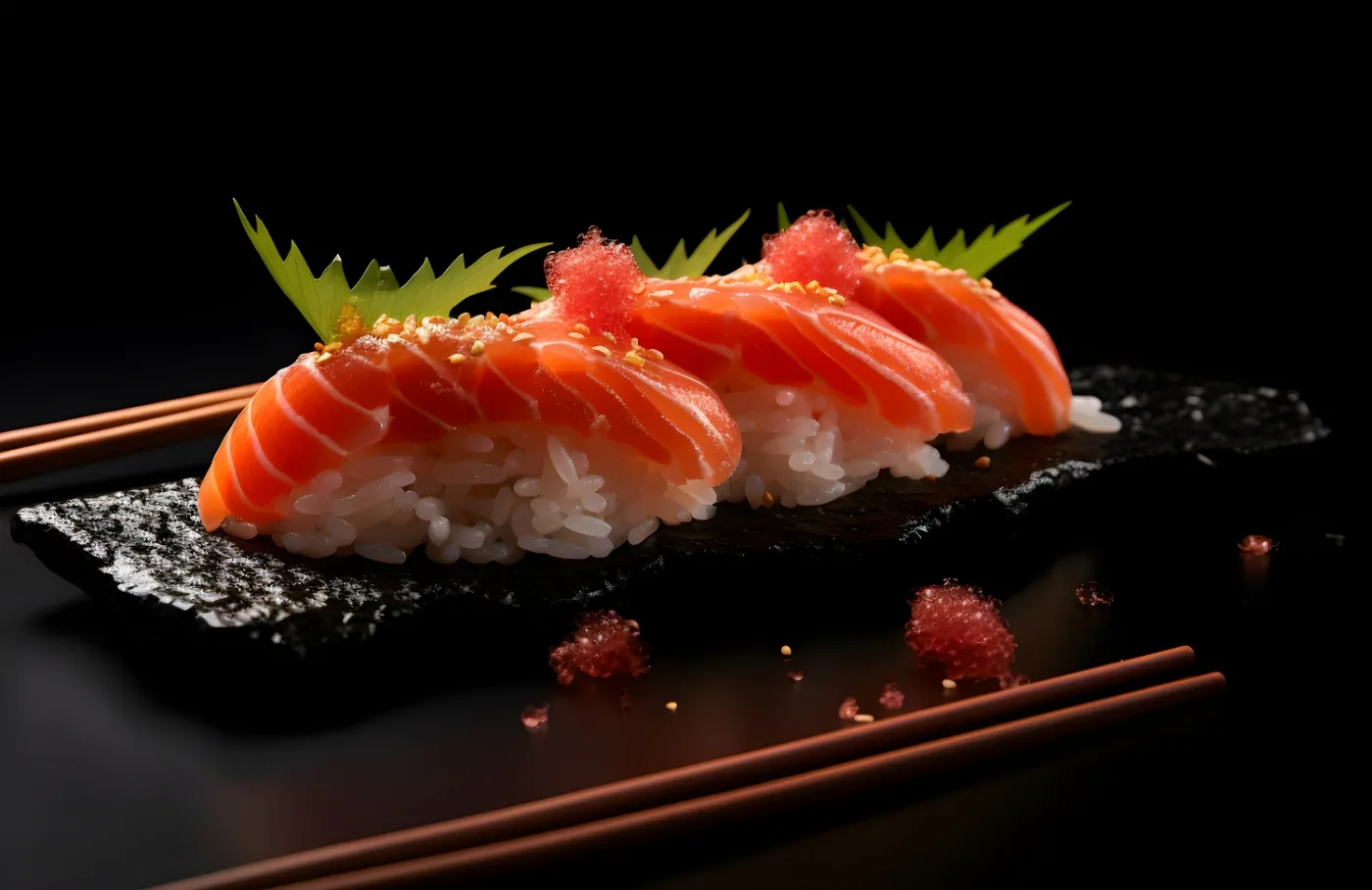 Decorated salmon nigiri trio on black stone plate at Sucré d’Amour Café & Sushi, a Sushi Restaurant in Fremont