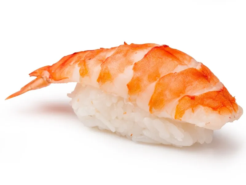 Sweet shrimp nigiri sushi isolated on white at Sucré d’Amour Café & Sushi, a Sushi Restaurant in Fremont